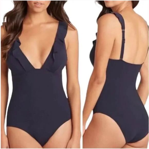 SEA LEVEL Frill One-Piece Swimsuit Navy Blue Size 10 - Picture 1 of 11